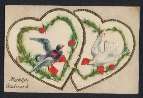 Oblaten-AK Tauben mit Herzen aus Zweigen