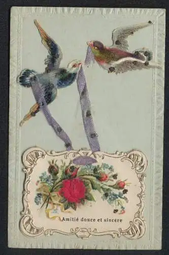 Oblaten-AK Tauben mit Blumen