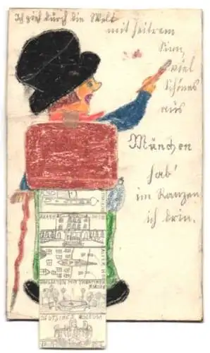 Leporello-Künstler-AK Handgemalt: München, Ansichten im Rucksack, Deutsches Museum, Chinesischer Turm, Alter Hof