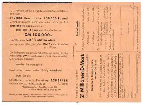 Klapp-AK Frankfurt a. M., Staatliche Lotterie Scherrer, Forsthausstrasse 68
