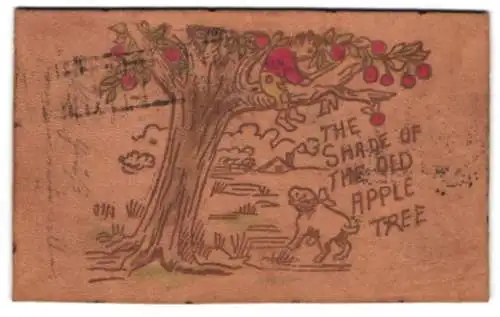 Leder-AK In the Shade of the old Apple Tree, Junge ist vorm Hund auf einen Apfelbaum geflüchtet