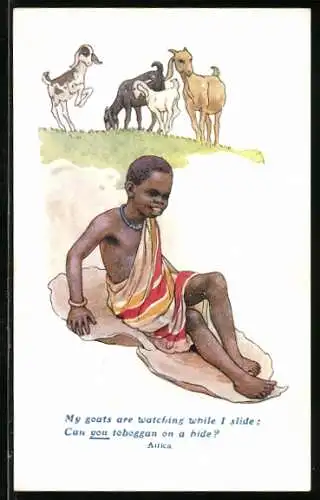 AK Afrikanisches Kind in traditionellem Gewand rutscht auf einem Stück Leder den Hang hinunter