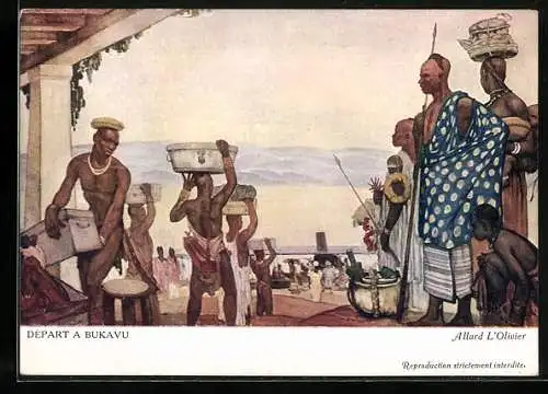 Künstler-AK Départ a Bukavu, Afrikaner beladen Schiff