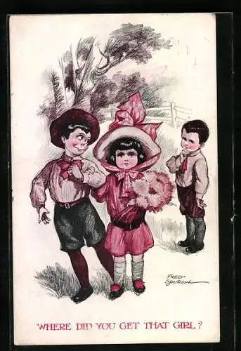 Künstler-AK Fred Spurgin: Kleiner Pfadfinder mit Mädchen und neidischem Kollegen