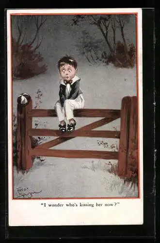 Künstler-AK Fred Spurgin: Versetzt!, Bub sitzt einsam auf einem Bretterzaun