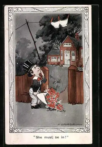 Künstler-AK Fred Spurgin: Junge mit Zylinder und Blumen vor dem Haus