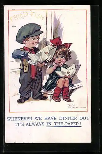 Künstler-AK Fred Spurgin: Kleines Pärchen mit Dinner in Zeitungspapier