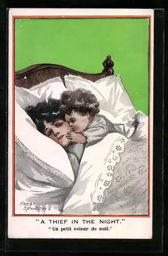 Künstler-AK Fred Spurgin: A thief in the night, Kind küsst seine Mutter im Bett