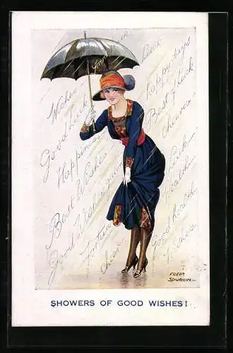 Künstler-AK Fred Spurgin: Showers of Good Wishes, Dame mit Regenschirm