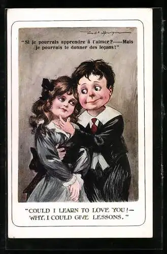 Künstler-AK Fred Spurgin: Could I learn to love you!, Why, I could give lessons, Liebespaar Arm in Arm