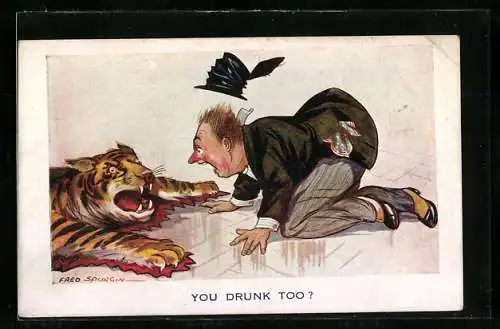 Künstler-AK Fred Spurgin: Betrunkener fällt zu Boden und spricht mit einem Tigerteppich