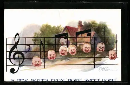 Künstler-AK Fred Spurgin: Schreiende Babies als Notenköpfe