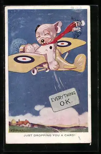 Künstler-AK George Ernest Studdy: Just dropping you a Card, Bonzo in Flugzeug