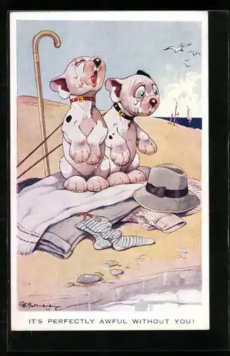 Künstler-AK George Ernest Studdy: Bonzo und Hund weinen auf Männerkleidung am Strand, It`s perfectly awful without you