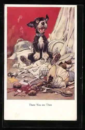 Künstler-AK George Ernest Studdy: Jetzt sind wir da!, frecher Hund