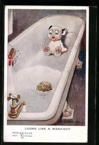 Künstler-AK George Ernest Studdy: Bonzo hat Furcht vor Wasser in Badewanne, Looks like a Wash-Out