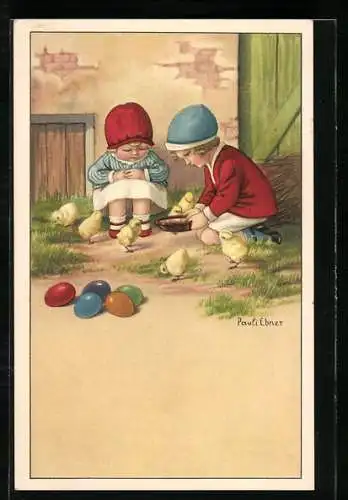 Künstler-AK Pauli Ebner: niedliches Kinderpaar gibt Küken Wasser in einer Schale, Fröhliche Ostern