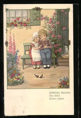 Künstler-AK Pauli Ebner: Mädchen lehnt sich an die Schulter des Jungen, sie sitzen auf einer Bank inmitten von Blumen