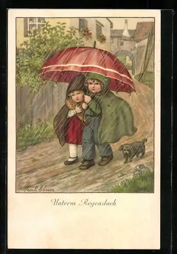Künstler-AK Pauli Ebner: Kinder mit rotem Schirm und Hund bei Regen