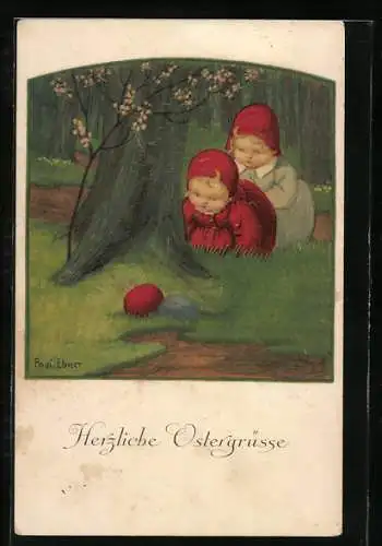 Künstler-AK Pauli Ebner: Herzliche Ostergrüsse, Mädchen suchen Ostereier im Wald