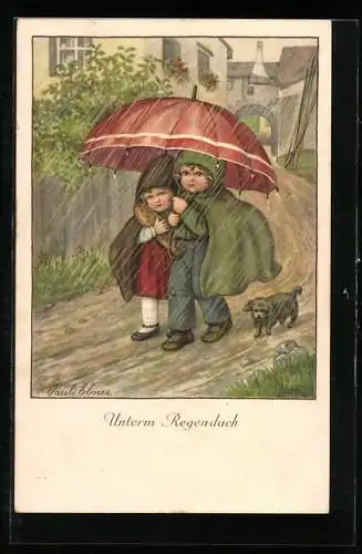 Künstler-AK Pauli Ebner: Kinder mit rotem Schirm und Hund bei Regen