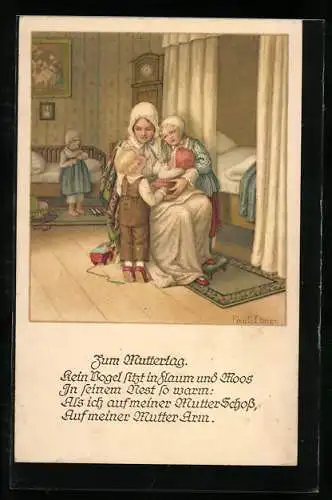 Künstler-AK Pauli Ebner: Mutter mit Kindern vorm Schlafengehen, Muttertagsgruss