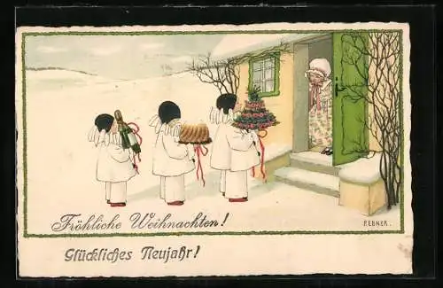 Künstler-AK Pauli Ebner: Drei kleine Harlekins bei Mädchen vor der Tür, Weihnachtsgruss