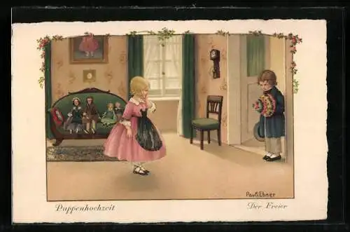 Künstler-AK Pauli Ebner: Puppenhochzeit, Der Freier, Puppen auf einem Sofa
