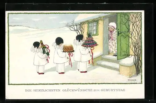 Künstler-AK Pauli Ebner: Herzliche Neujahresgrüsse, mit Geschenken vor der Tür im Schnee