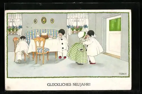 Künstler-AK Pauli Ebner: Harlekine gratulieren zum Geburtstag