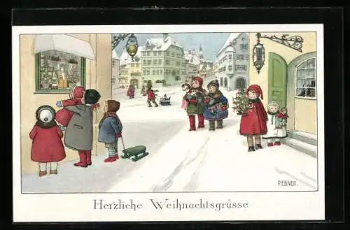 Künstler-AK Pauli Ebner: Kinder bei einem Schaufensterbummel im Winter, Weihnachtsgruss