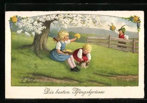 Künstler-AK Pauli Ebner: Kleines Paar mit Hasen und Blumenstrauss