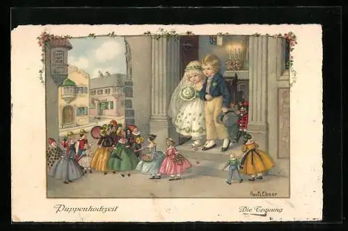 Künstler-AK Pauli Ebner: zwei Mädchen spielen Hochzeit mit ihren Puppen