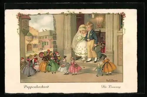 Künstler-AK Pauli Ebner: zwei Mädchen spielen Hochzeit mit ihren Puppen