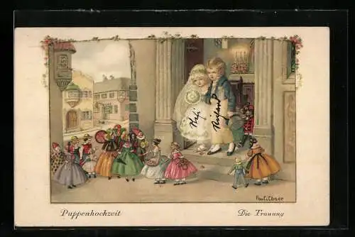 Künstler-AK Pauli Ebner: zwei Mädchen spielen Hochzeit mit ihren Puppen