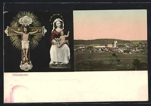 AK Ottobeuren, Ortsansicht, Madonna und Kreuz
