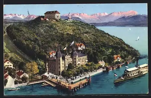 AK Leoni am Starnberger See, Totalansicht mit der Zugspitzgruppe im Hintergrund