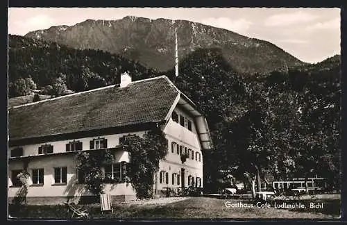 AK Bichl, Gasthaus-Café Ludlmühle vor Bergwand