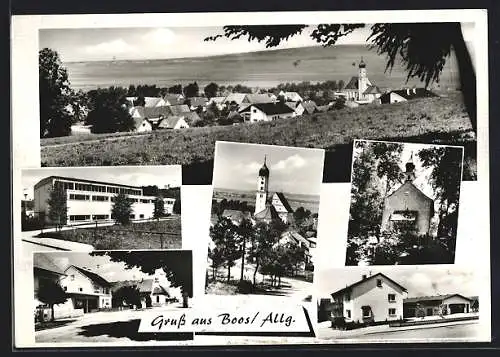 AK Boos / Memmingen, Schule, Kirche, Kapelle, Strassenpartie, Gesamtansicht vom Hügel