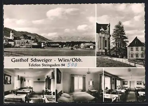 AK Wies / Steingaden, Gasthof Schweiger mit Innenansichten, Ortsansicht gegen die Alpen