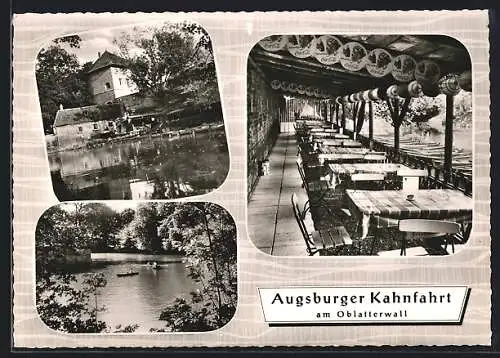 AK Augsburg, Flusspartie am Oberlatterwall, Flussterrasse eines Restaurants