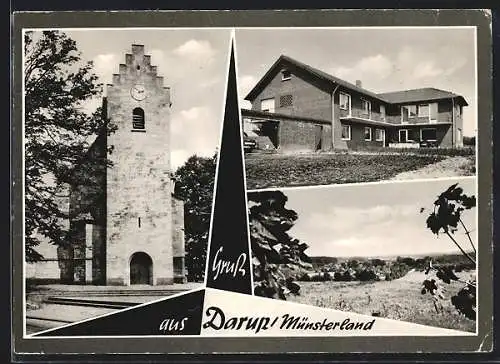AK Darup /Münsterland, Die Kirche, Appartmenthaus, Ortsansicht aus der Ferne