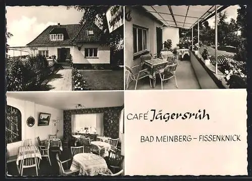 AK Bad Meinberg-Fissenknick, Das Café Jägersruh mit Innenansicht und Balkon, Inh. H. und E. Korff