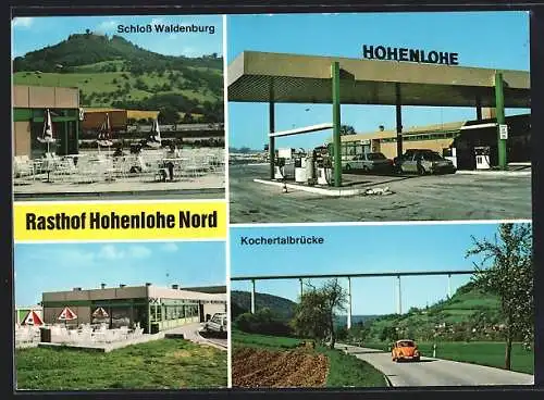 AK Neuenstein / Württ., Bundesautobahntankstelle mit Erfrischungsdienst Hohenlohe Nord, Schloss Waldenburg, VW Käfer