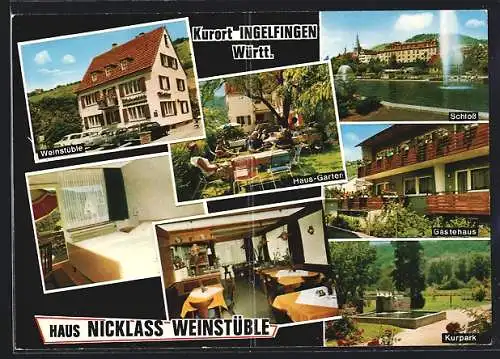 AK Ingelfingen /Württ., Weinstüble und Pension Haus Nicklass, mit Innenansicht und Gartenpartie, Schloss, Kurpark