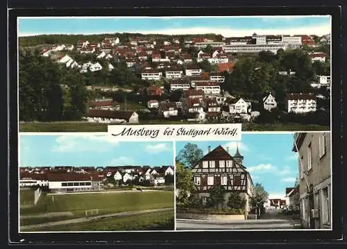 AK Musberg bei Stuttgart, Fussballplatz, Fachwerkhaus, Gesamtansicht