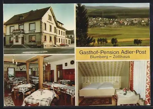 AK Blumberg-Zollhaus, Gasthof-Pension Adler-Post mit Innenansichten, Ortsansicht