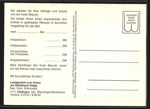 AK Hödingen /Überlingen, Gasthof zum Kreuz mit Gästehaus Helga