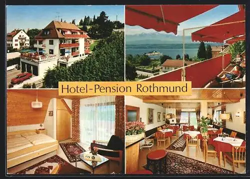 AK Meersburg, Hotel-Pension Rothmund mit Innenansichten und Terrasse