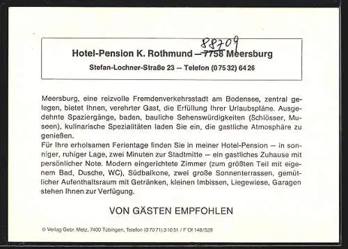 AK Meersburg, Hotel-Pension Rothmund mit Innenansichten und Terrasse